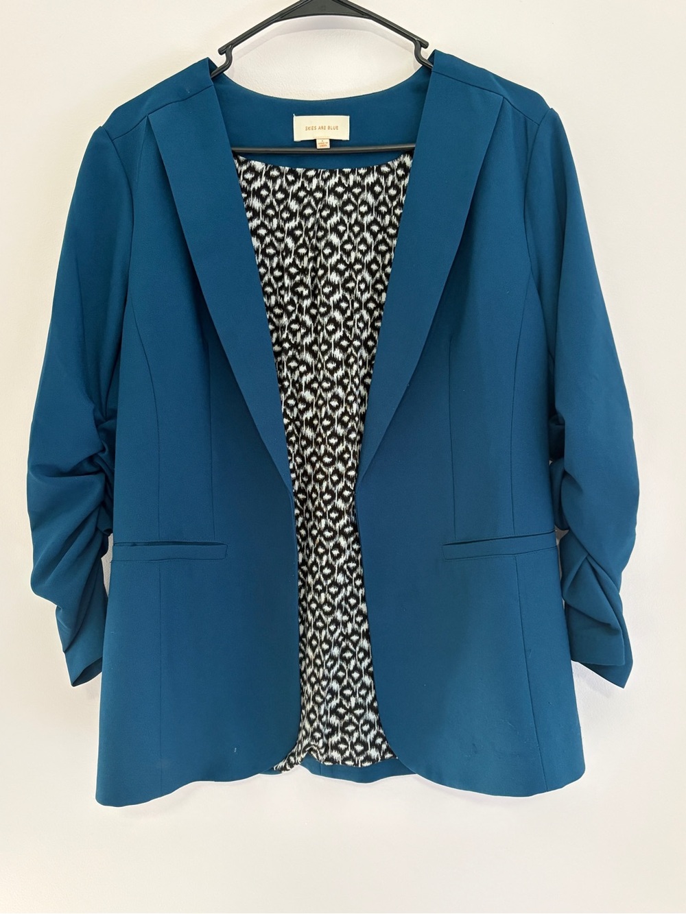 Skies Are Blue teal ruched-sleeve open-front blazer Stitch Fix